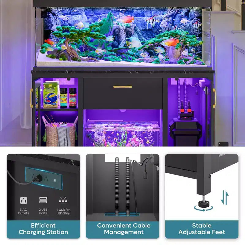 Mobile per acquario da 75 galloni, in metallo, con armadietto e prese di corrente, luce LED, capacità 340 kg, nero