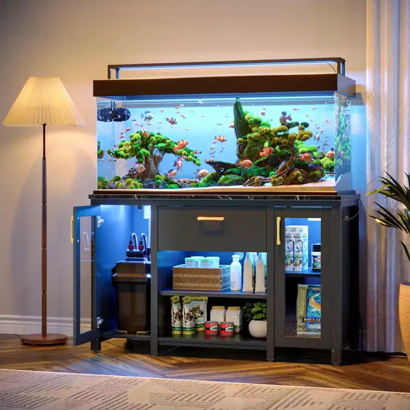 Mobile per acquario da 75 galloni, in metallo, con armadietto e prese di corrente, luce LED, capacità 340 kg, nero