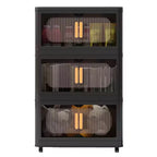 MAYEERTY 3 Tiers Plastic Folding Storage Cabinets with Magnetic Doors Wheels, Closet Organizers and Storage Containers Black for Small Space