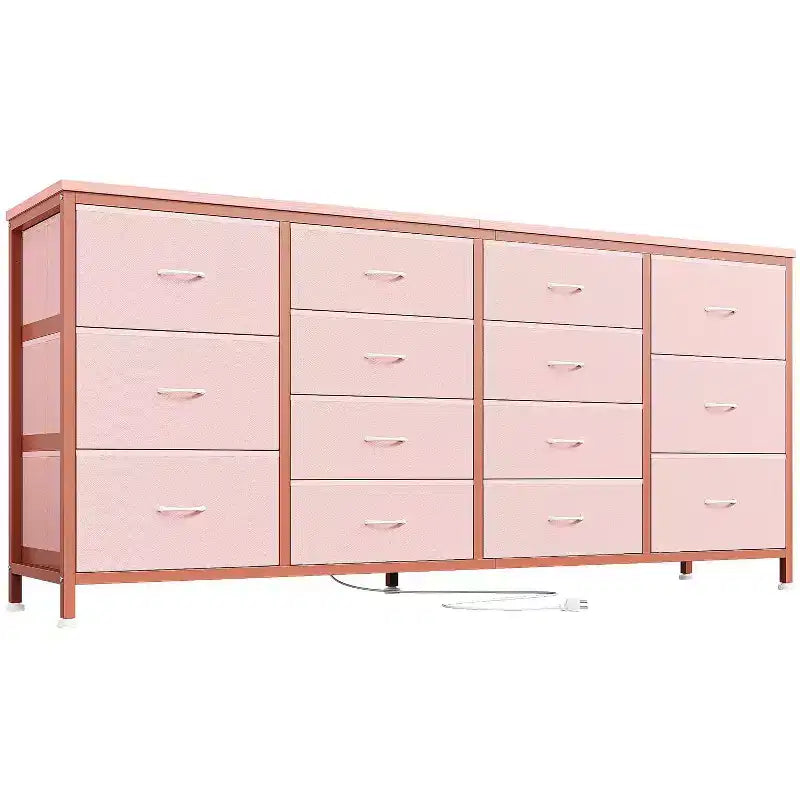 Cassettiera per TV da 63" W per TV da 65, 70, 75 pollici, comò a 14 cassetti per camera da letto con prese di corrente, centro di intrattenimento grande e lungo in tessuto