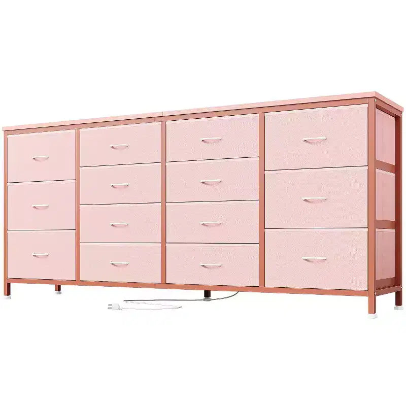 Cassettiera per TV da 63" W per TV da 65, 70, 75 pollici, comò a 14 cassetti per camera da letto con prese di corrente, centro di intrattenimento grande e lungo in tessuto