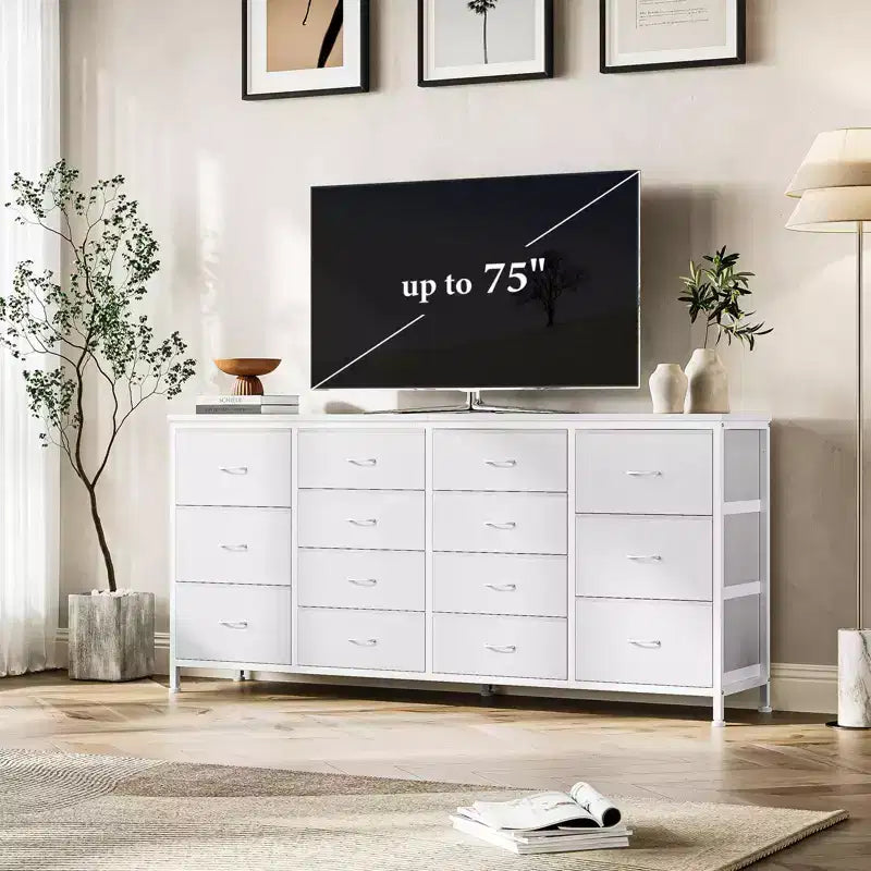 Cassettiera per TV da 63" W per TV da 65, 70, 75 pollici, comò a 14 cassetti per camera da letto con prese di corrente, centro di intrattenimento grande e lungo in tessuto