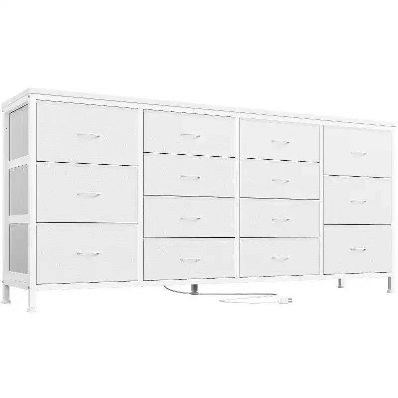 Cassettiera per TV da 63" W per TV da 65, 70, 75 pollici, comò a 14 cassetti per camera da letto con prese di corrente, centro di intrattenimento grande e lungo in tessuto