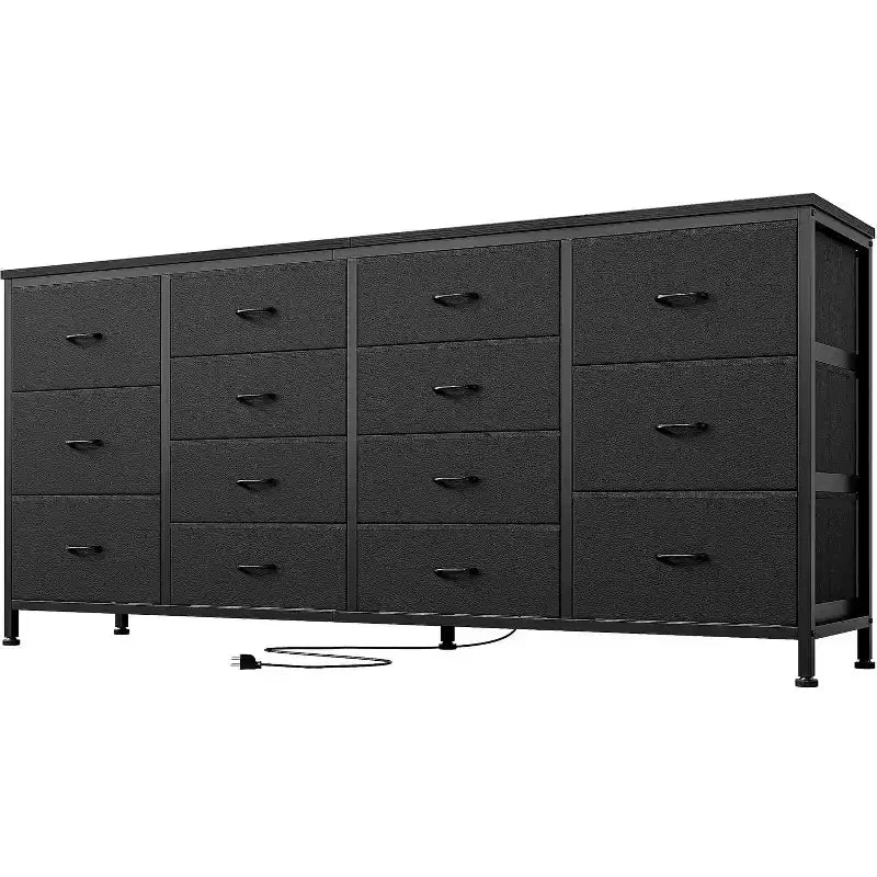 Cassettiera per TV da 63" W per TV da 65, 70, 75 pollici, comò a 14 cassetti per camera da letto con prese di corrente, centro di intrattenimento grande e lungo in tessuto