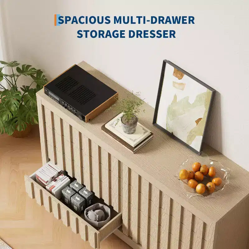 Cassettiera a 8 cassetti per camera da letto - Comò moderno di metà secolo, Comodino alto in legno, Tavolino laterale a righe scanalate, Sicurezza migliorata