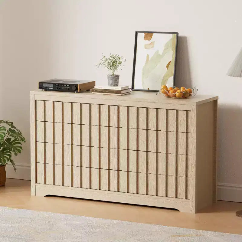 Cassettiera a 8 cassetti per camera da letto - Comò moderno di metà secolo, Comodino alto in legno, Tavolino laterale a righe scanalate, Sicurezza migliorata