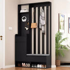 Appendiabiti moderno da ingresso con panca contenitore imbottita, scarpiera multifunzionale da corridoio con pannello forato e 4 ganci