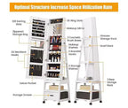 Portagioie a colonna girevole a 360°, armadietto portagioie con specchio, cassetti e ruote, con ripiano trucco a scomparsa
