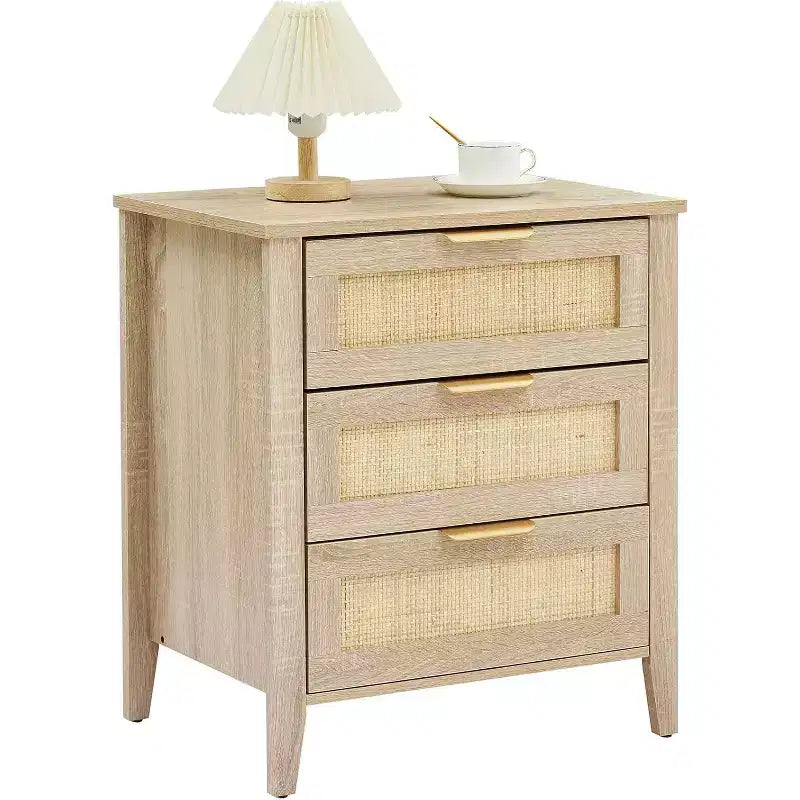 Rattan Nightstand 21.7L x 15.7W x 25H Oak Finish with 3 Natural Rattan Drawers, Solid Wood Legs, Boho Bedside Table for Bedroom & Living Room