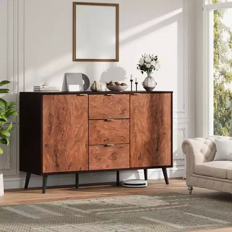 Credenza a Buffet 51,2", Armadietto da Caffè per Ingresso con 3 Cassetti, Mobile Console Media in Legno, Mobile Dispensa da Cucina per Soggiorno