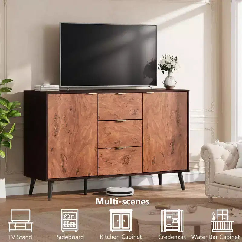 Credenza a Buffet 51,2", Armadietto da Caffè per Ingresso con 3 Cassetti, Mobile Console Media in Legno, Mobile Dispensa da Cucina per Soggiorno