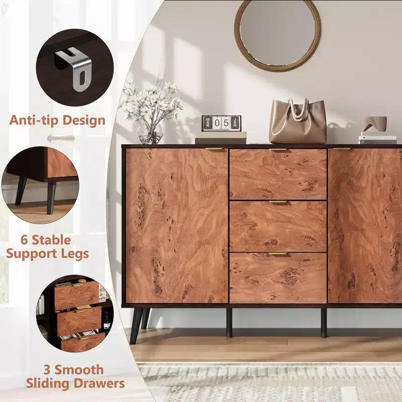 Credenza a Buffet 51,2", Armadietto da Caffè per Ingresso con 3 Cassetti, Mobile Console Media in Legno, Mobile Dispensa da Cucina per Soggiorno