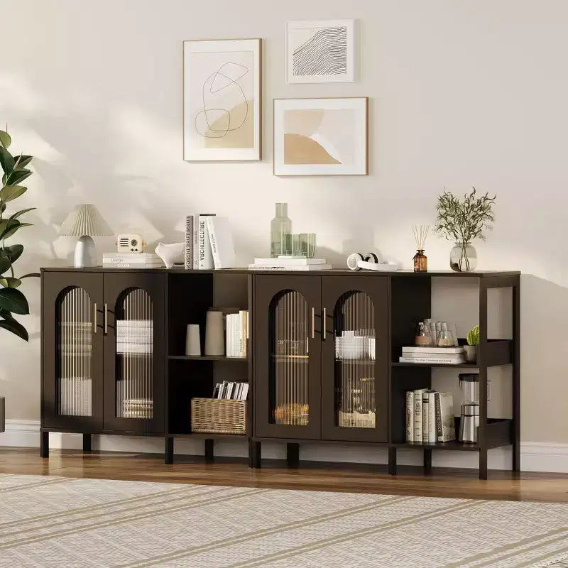 Mobile Buffet Credenza, Mobile Contenitore in Legno con Ante in Vetro, Due Maniglie in Metallo, Mobile Contenitore con Ripiani Regolabili, Credenza Moderna