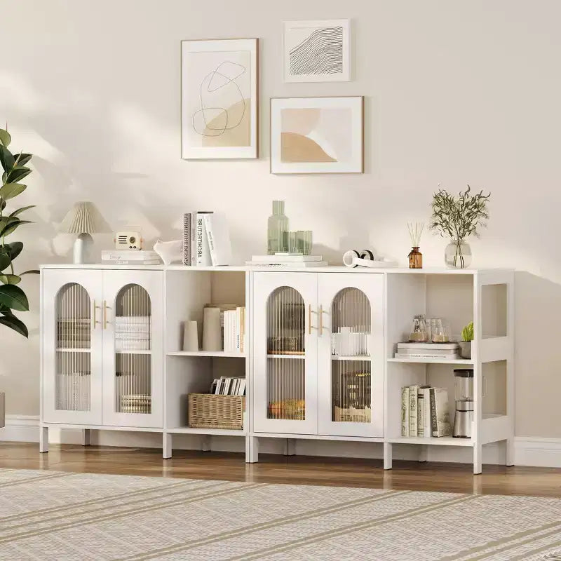 Mobile Buffet Credenza, Mobile Contenitore in Legno con Ante in Vetro, Due Maniglie in Metallo, Mobile Contenitore con Ripiani Regolabili, Credenza Moderna