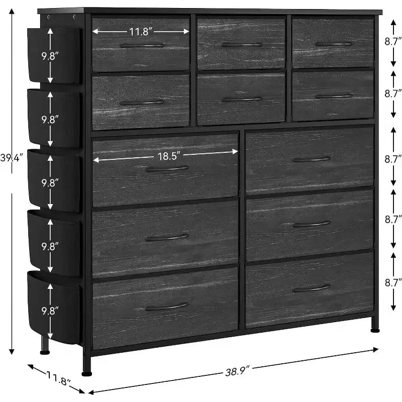 Cassettiera alta 90 cm per camera da letto con 12 cassetti, comò con tasche laterali e ganci, robusto telaio in acciaio, piano in legno, maniglia facile da tirare