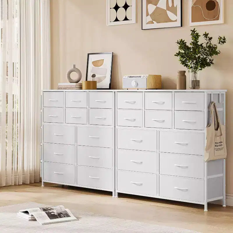 Cassettiera alta 90 cm per camera da letto con 12 cassetti, comò con tasche laterali e ganci, robusto telaio in acciaio, piano in legno, maniglia facile da tirare