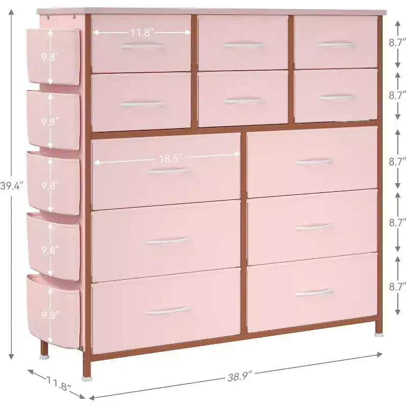 Cassettiera alta 90 cm per camera da letto con 12 cassetti, comò con tasche laterali e ganci, robusto telaio in acciaio, piano in legno, maniglia facile da tirare