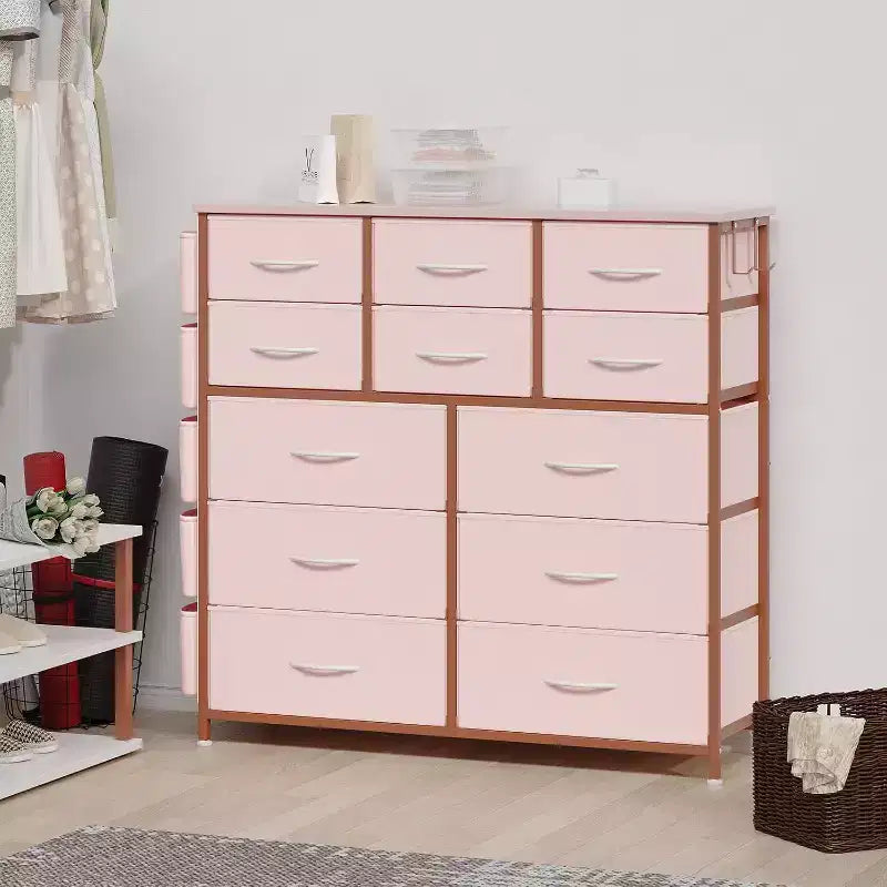 Cassettiera alta 90 cm per camera da letto con 12 cassetti, comò con tasche laterali e ganci, robusto telaio in acciaio, piano in legno, maniglia facile da tirare