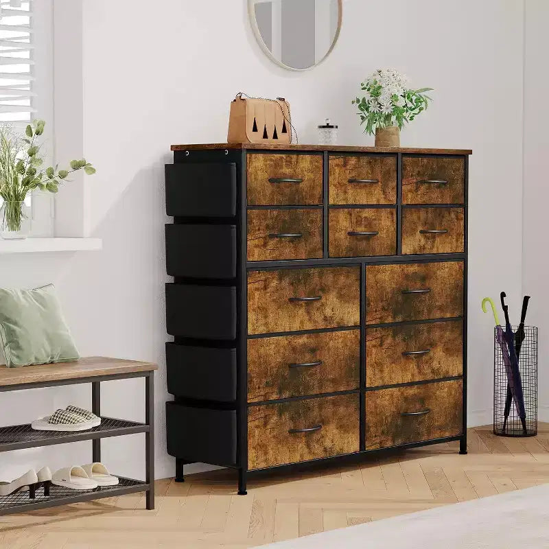 Cassettiera alta 90 cm per camera da letto con 12 cassetti, comò con tasche laterali e ganci, robusto telaio in acciaio, piano in legno, maniglia facile da tirare
