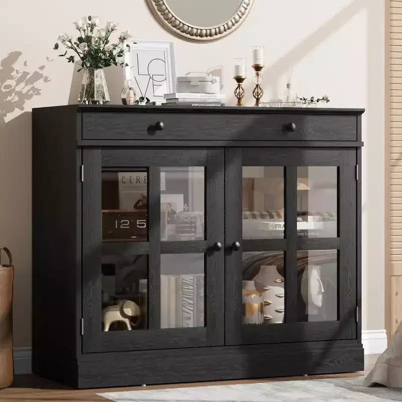 Sideboard Buffet Cabinets with Glass Door, 35.4 Sideboard with Storage Drawer, Adaptable Design