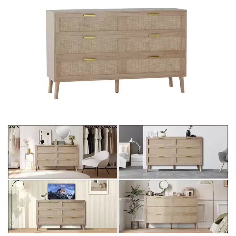 Comò a 8 cassetti, comò in rattan naturale per camera da letto con 5 gambe robuste, cassettiera in legno rustico con maniglie dorate