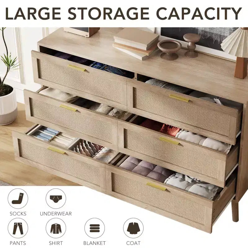 Comò a 8 cassetti, comò in rattan naturale per camera da letto con 5 gambe robuste, cassettiera in legno rustico con maniglie dorate