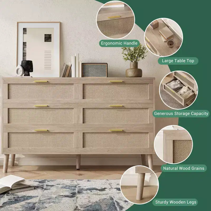 Comò a 8 cassetti, comò in rattan naturale per camera da letto con 5 gambe robuste, cassettiera in legno rustico con maniglie dorate