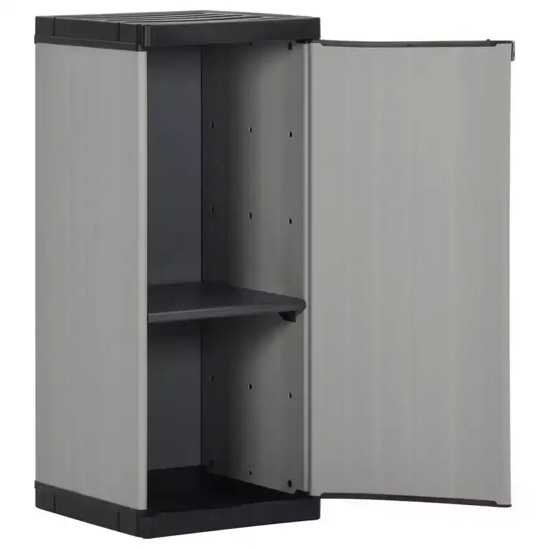 Armadietto da Giardino - Organizer Compatto da Patio, Materiale PVC e PP, con 1 Ripiano e Serratura di Sicurezza, Grigio e Nero, 13.8x15.7x33.5