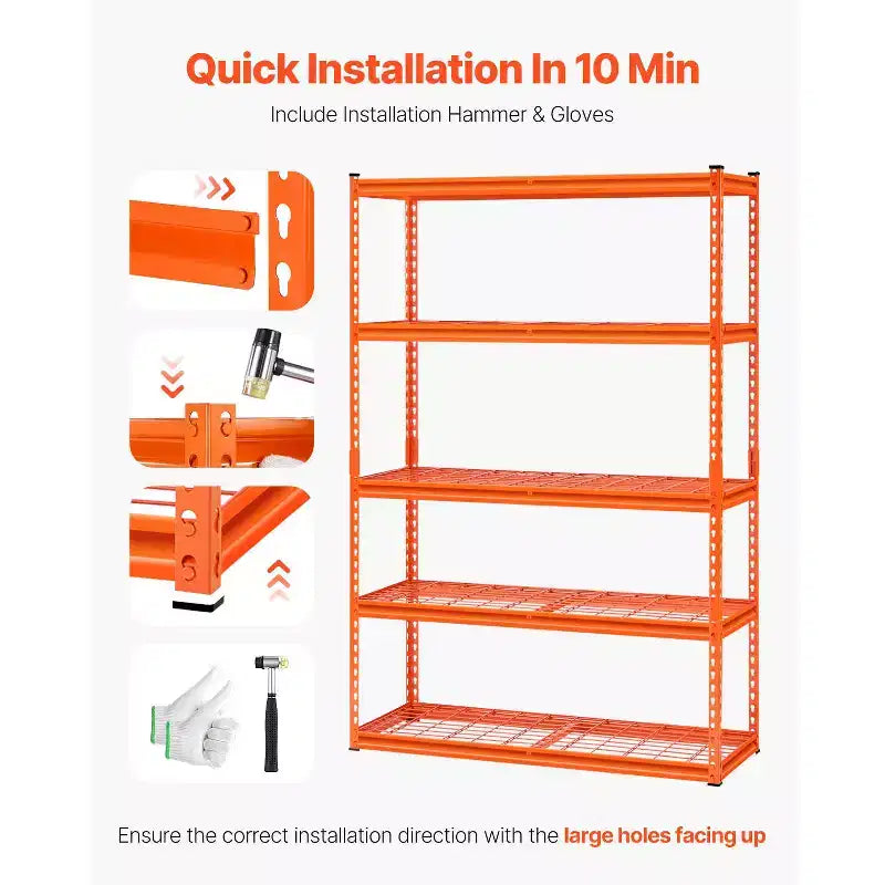 Scaffalature di stoccaggio, 1134 kg, 5 ripiani per garage per carichi pesanti, 45,7 P x 121,9 L x 182,9 H cm, in metallo regolabile, arancione