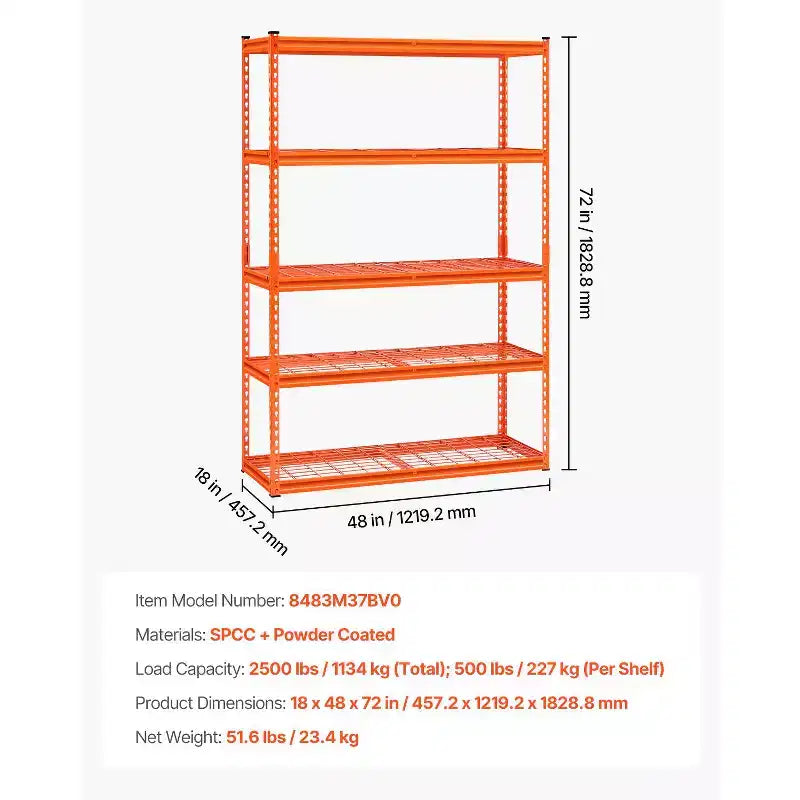 Scaffalature di stoccaggio, 1134 kg, 5 ripiani per garage per carichi pesanti, 45,7 P x 121,9 L x 182,9 H cm, in metallo regolabile, arancione
