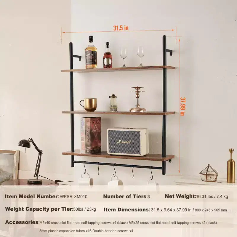 Scaffale Industriale a Tubi, 3 Ripiani 81x25cm, Mensole a Parete Flottanti in Legno Rustico con Staffe, Libreria da Esposizione, Organizzatore Portaoggetti, Nero