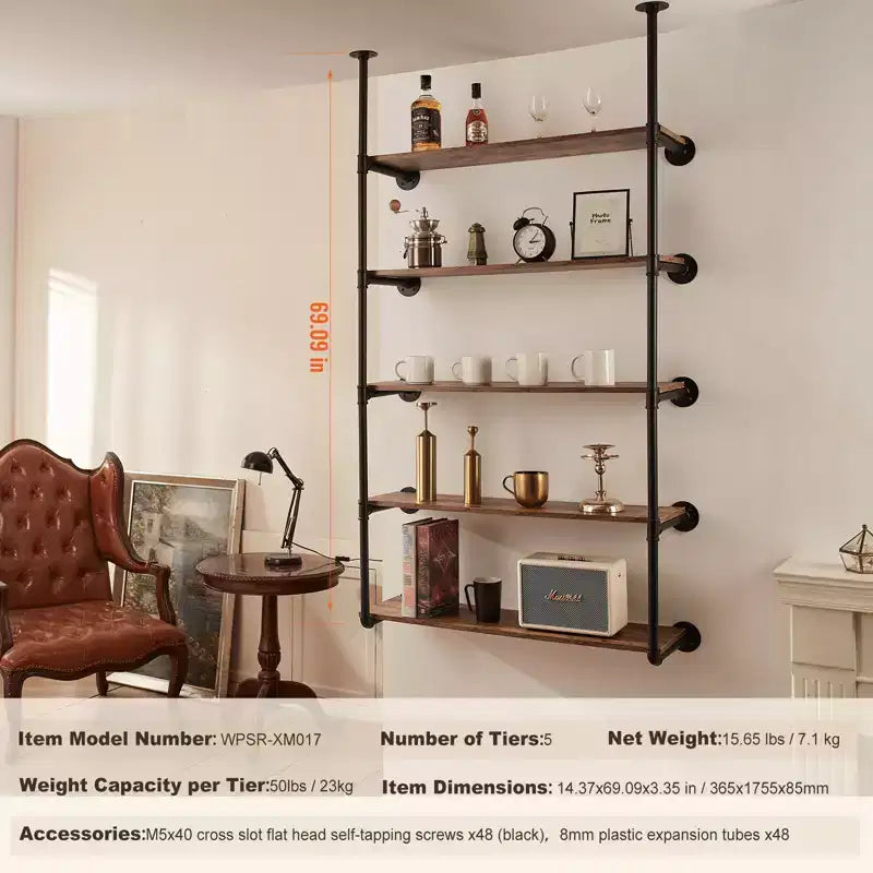 Scaffale industriale a tubi, 5 ripiani 2PZ, larghezza pannello applicabile 30 cm, mensole galleggianti rustiche da parete, libreria, staffa, nero