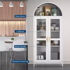 Armadio ad arco alto in metallo da 185 cm, armadietto in metallo con 2 ripiani regolabili e cassetti, dispensa da cucina moderna con anta in vetro, armadio versatile