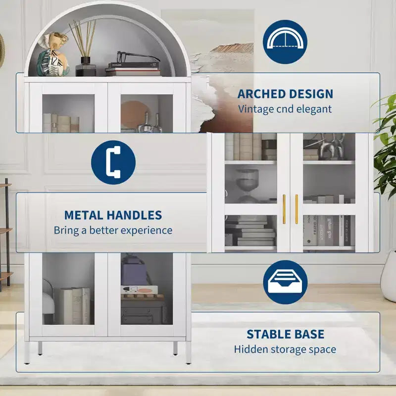 Armadio ad arco alto in metallo da 185 cm, armadietto in metallo con 2 ripiani regolabili e cassetti, dispensa da cucina moderna con anta in vetro, armadio versatile