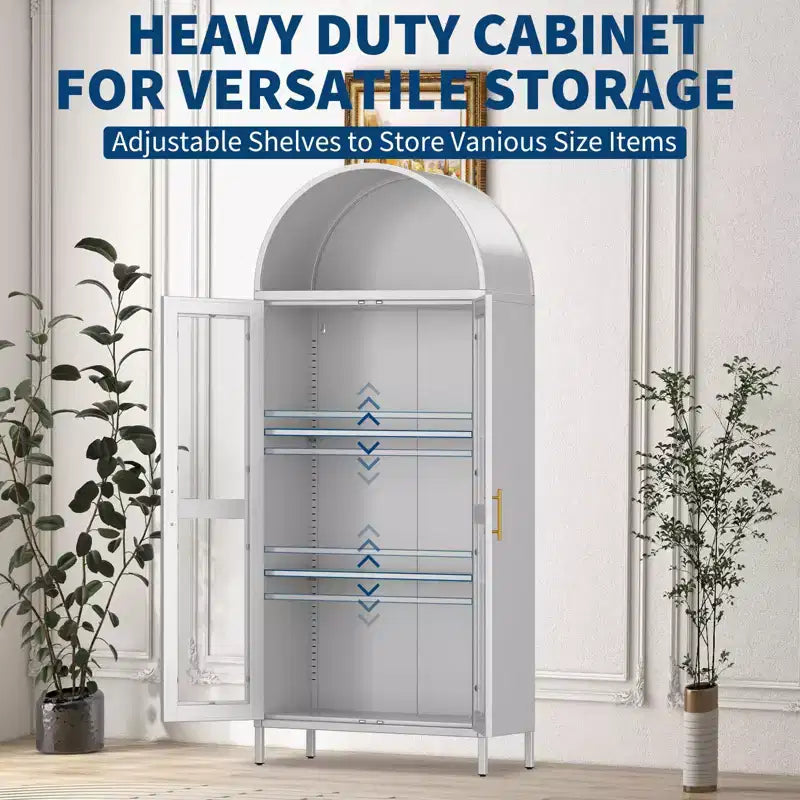 Armadio ad arco alto in metallo da 185 cm, armadietto in metallo con 2 ripiani regolabili e cassetti, dispensa da cucina moderna con anta in vetro, armadio versatile