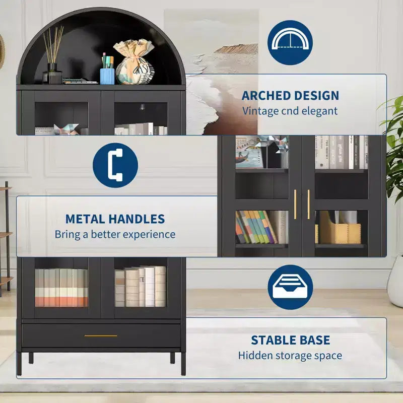 Armadio ad arco alto in metallo da 185 cm, armadietto in metallo con 2 ripiani regolabili e cassetti, dispensa da cucina moderna con anta in vetro, armadio versatile