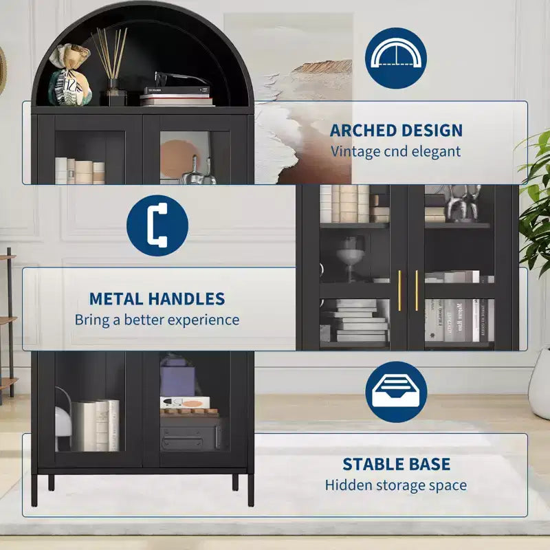 Armadio ad arco alto in metallo da 185 cm, armadietto in metallo con 2 ripiani regolabili e cassetti, dispensa da cucina moderna con anta in vetro, armadio versatile