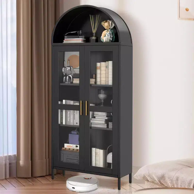 Armadio ad arco alto in metallo da 185 cm, armadietto in metallo con 2 ripiani regolabili e cassetti, dispensa da cucina moderna con anta in vetro, armadio versatile