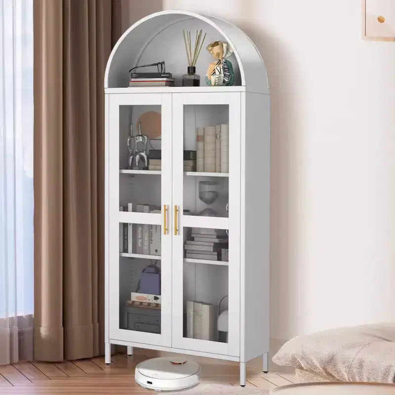 Armadio ad arco alto in metallo da 185 cm, armadietto in metallo con 2 ripiani regolabili e cassetti, dispensa da cucina moderna con anta in vetro, armadio versatile