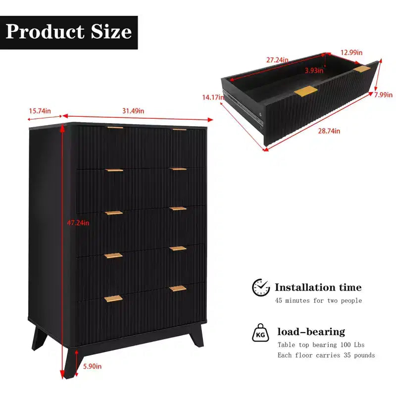 Comò a 5 Cassetti Scanalati, Comodino Moderno Alto 122 cm con Dispositivo Anti-Ribaltamento, Organizer in Legno per Camera da Letto, Soggiorno, Ingresso