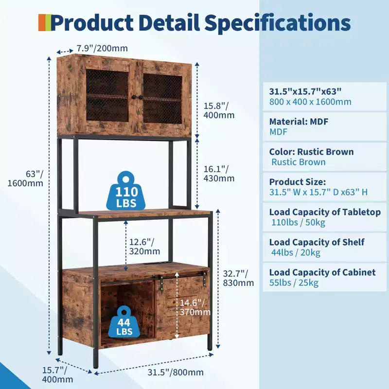 Scaffale da Cucina a 5 Livelli con Ante e Stazione di Ricarica, Porta Microonde Industriale da 63", Mobile Contenitore per Sala da Pranzo, Soggiorno, Appartamenti