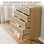Cassettiera a 5 cassetti in rattan per camera da letto, Comò con cassetti profondi, Cassettiera doppia grande per armadio con piano largo, Cassettiera alta in legno