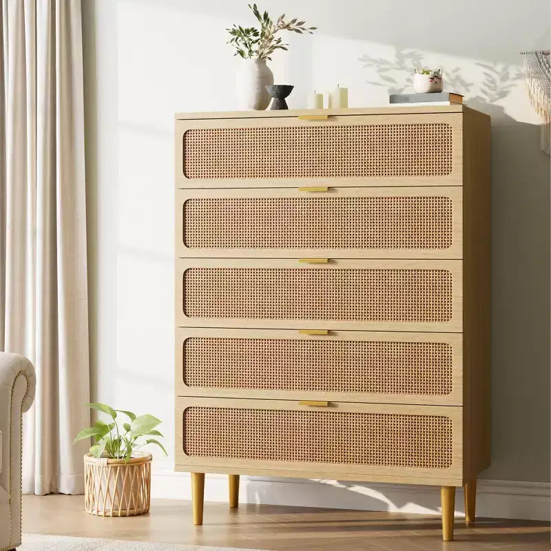Cassettiera a 5 cassetti in rattan per camera da letto, Comò con cassetti profondi, Cassettiera doppia grande per armadio con piano largo, Cassettiera alta in legno
