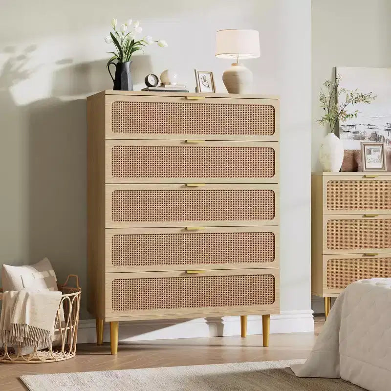 Cassettiera a 5 cassetti in rattan per camera da letto, Comò con cassetti profondi, Cassettiera doppia grande per armadio con piano largo, Cassettiera alta in legno