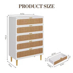 Cassettiera a 5 cassetti in rattan per camera da letto, Comò con cassetti profondi, Cassettiera doppia grande per armadio con piano largo, Cassettiera alta in legno