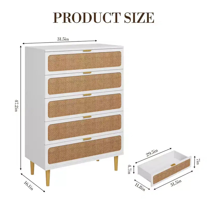Cassettiera a 5 cassetti in rattan per camera da letto, Comò con cassetti profondi, Cassettiera doppia grande per armadio con piano largo, Cassettiera alta in legno