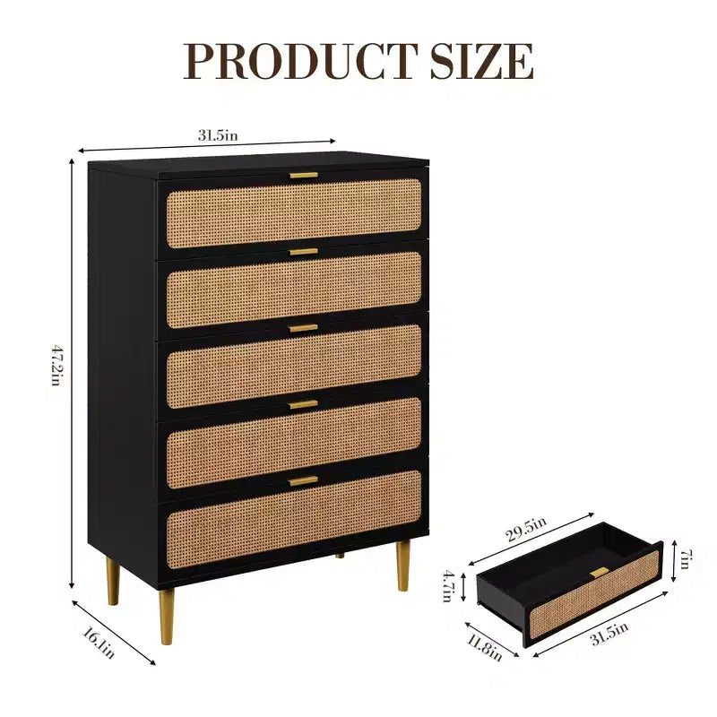 Cassettiera a 5 cassetti in rattan per camera da letto, Comò con cassetti profondi, Cassettiera doppia grande per armadio con piano largo, Cassettiera alta in legno