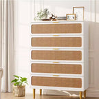 Cassettiera a 5 cassetti in rattan per camera da letto, Comò con cassetti profondi, Cassettiera doppia grande per armadio con piano largo, Cassettiera alta in legno