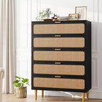 Cassettiera a 5 cassetti in rattan per camera da letto, Comò con cassetti profondi, Cassettiera doppia grande per armadio con piano largo, Cassettiera alta in legno