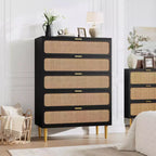 Cassettiera a 5 cassetti in rattan per camera da letto, Comò con cassetti profondi, Cassettiera doppia grande per armadio con piano largo, Cassettiera alta in legno
